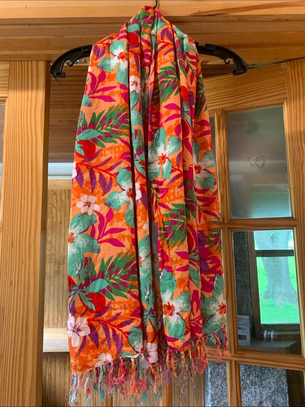 Hibiscus Collection Bright Tropical Orange Floral Tassel Large Scarf Coverup